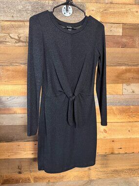 By & By Black Mini Dress Small Long Sleeve Knot Front Stretch Bodycon Chic Sz S
